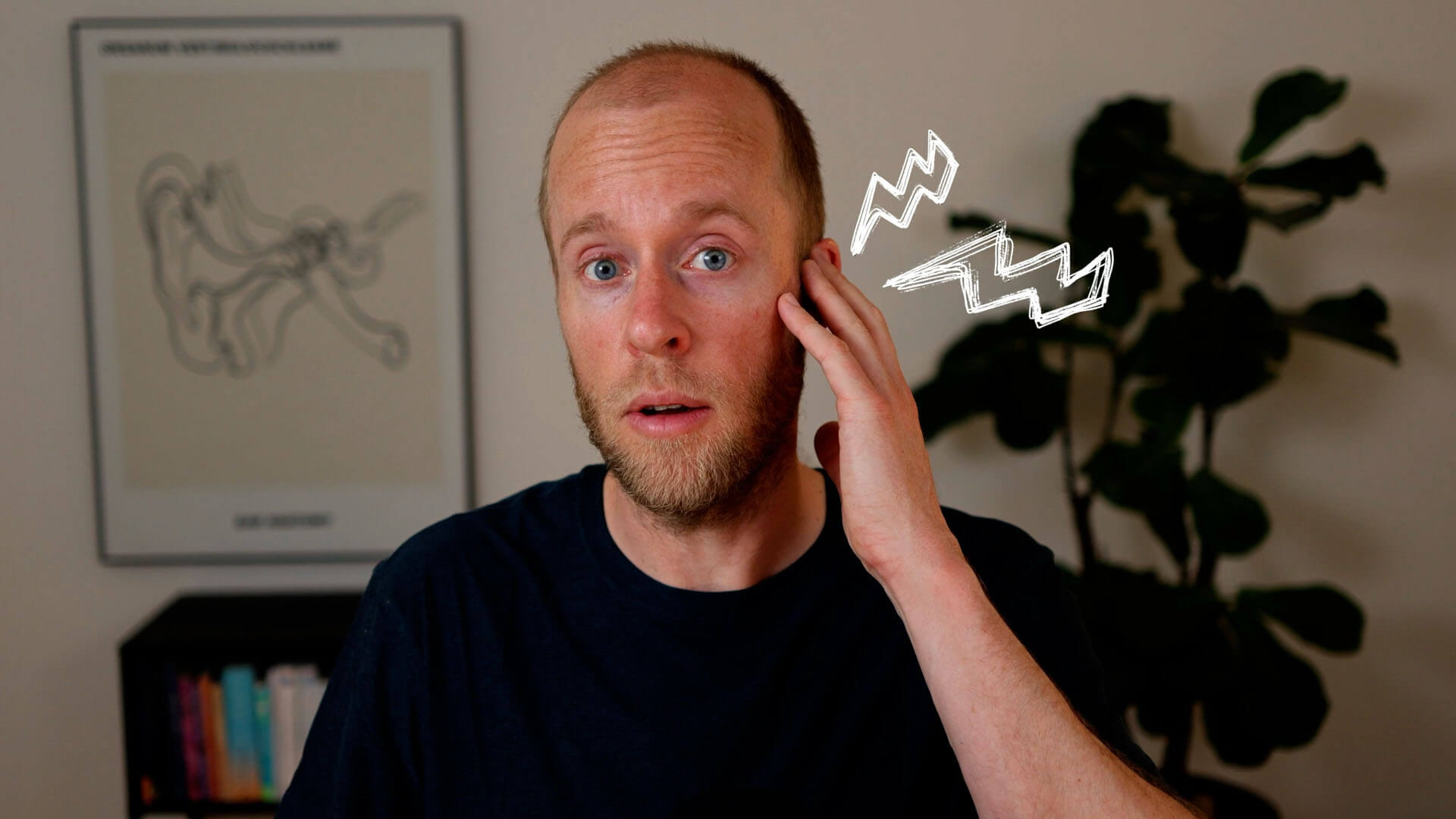 Roel holding his ear with a concerned look and white zigzag lines near his head to represent tinnitus ringing.