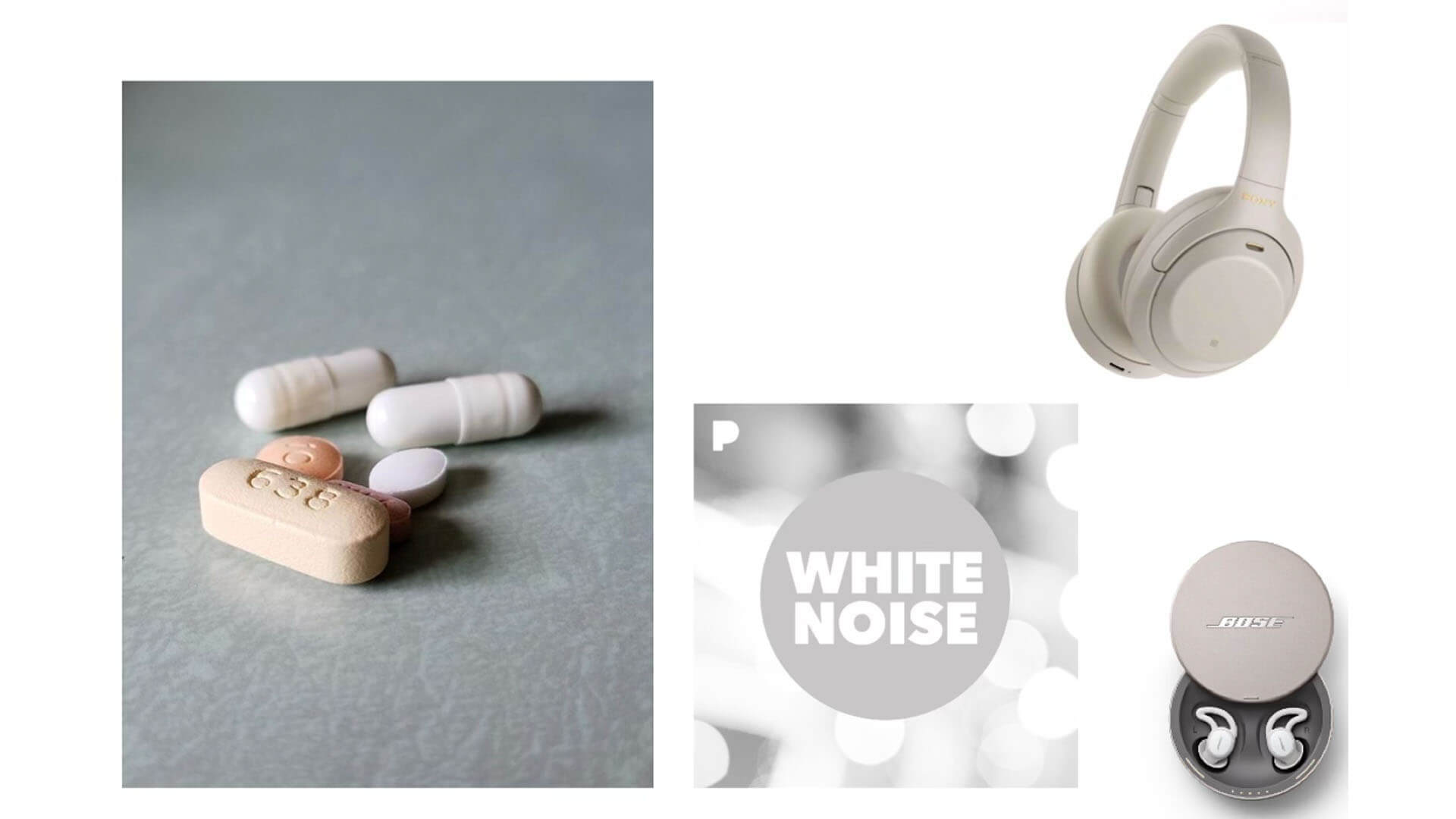 Flat lay of tinnitus relief tools: assorted pills, white noise app, over-ear headphones, and Bose sleepbuds arranged against a clean background.