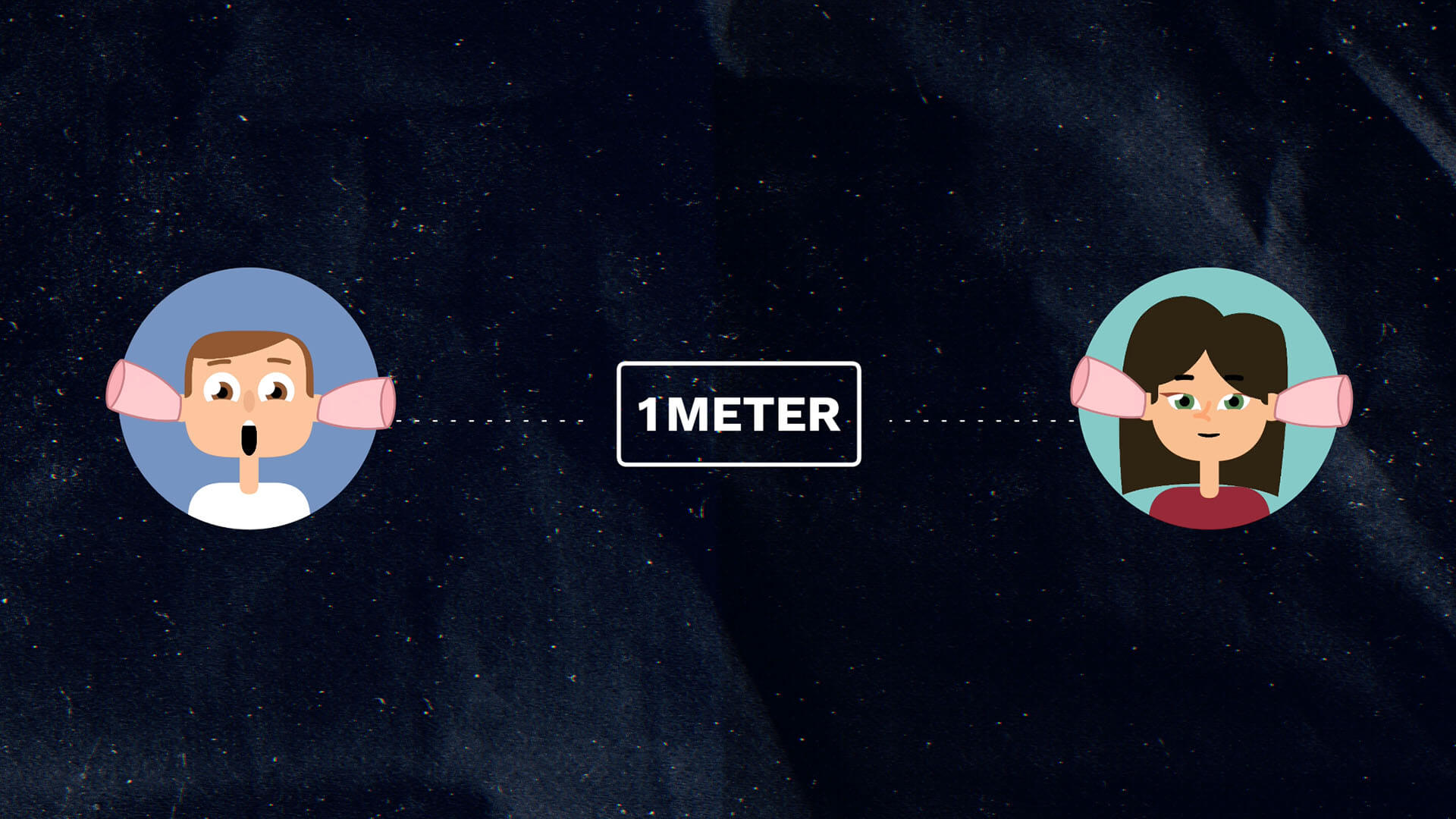Illustration of two people standing 1 meter apart, cupping their ears. One is shouting, and both struggle to hear — indicating loud background noise.