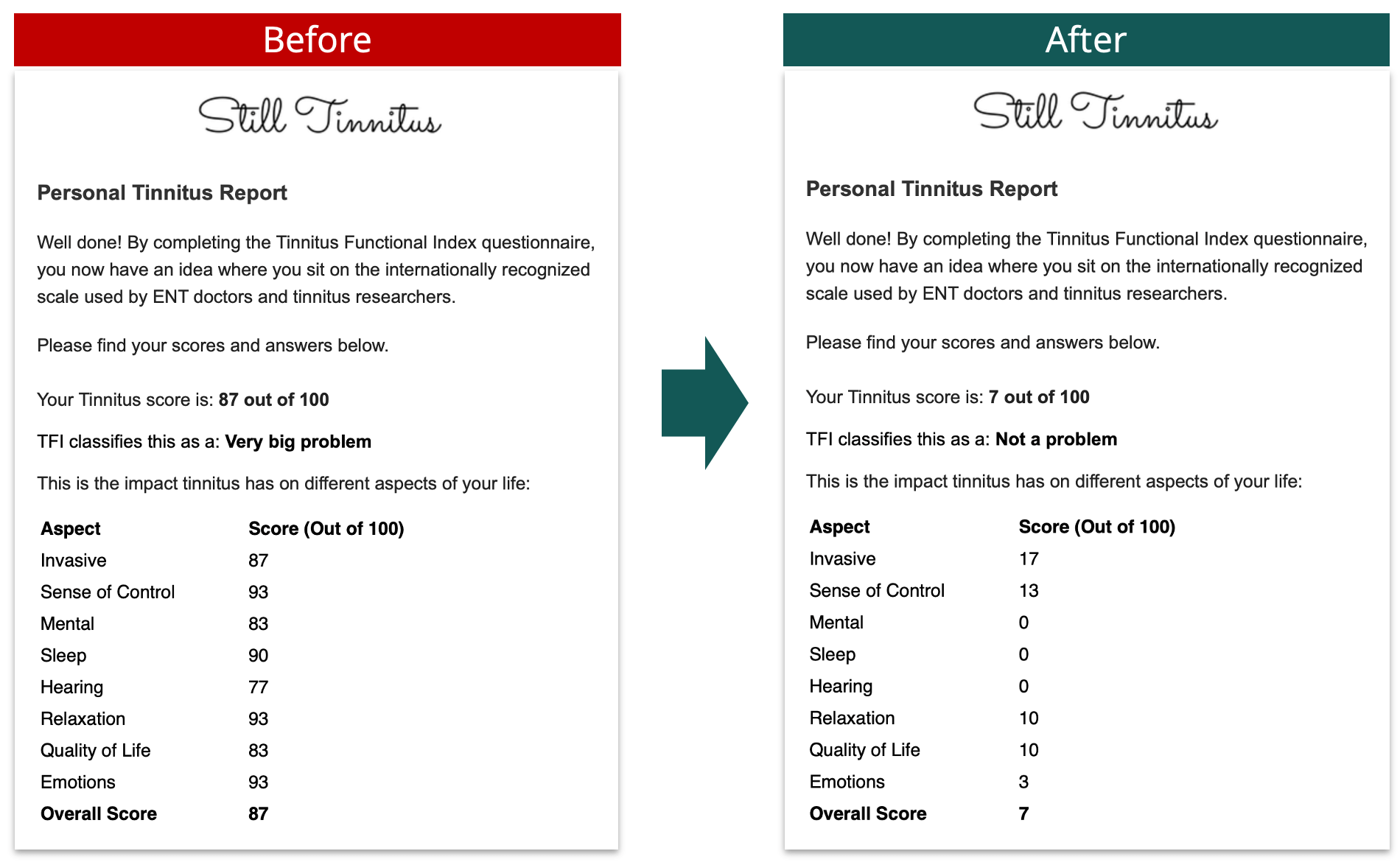 TFI score of Roel van Gorkum before and after applying the Still Tinnitus method