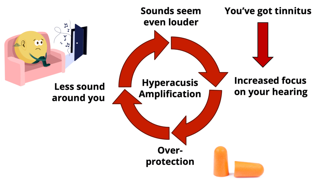 Diagram explaining how hyperacusis (heightened sensitivity to everyday sounds) can be worsened by factors such as sound avoidance and increased vigilance to sound, illustrating the mechanisms that lead to progressively stronger perception of normal environmental noises.