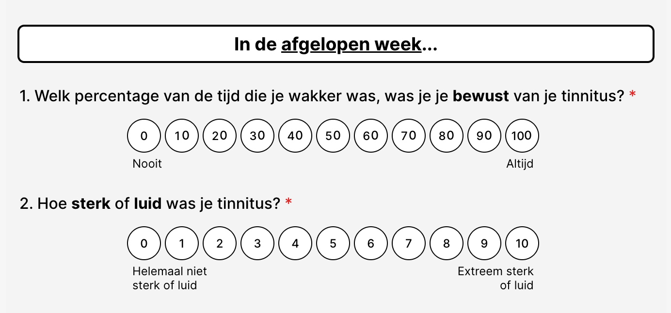 Afbeelding met een gestileerde tinnitus-testinterface of quizvraag die de Tinnitus Functional Index (TFI)-test weergeeft, gebruikt om de ernst en impact van tinnitusklachten te beoordelen.