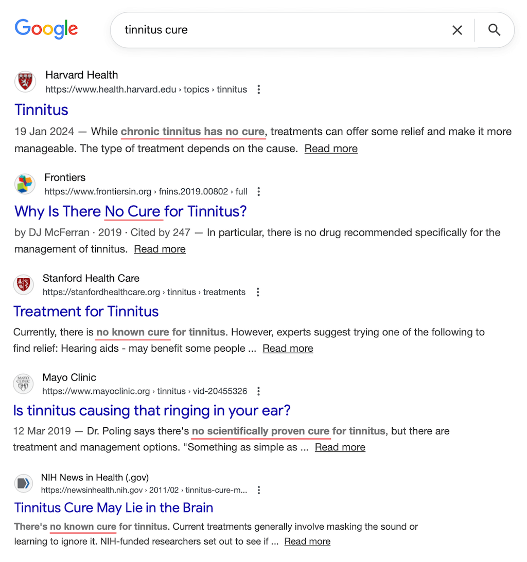 Google-zoekresultaten voor de zoekopdracht ‘tinnitus genezen’, die meerdere gezaghebbende vermeldingen tonen waarin wordt aangegeven dat er geen bekende of wetenschappelijk bewezen genezing voor tinnitus bestaat.
