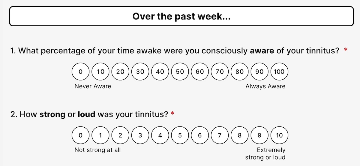 Graphic showing a stylized tinnitus test interface or quiz prompt representing the Tinnitus Functional Index (TFI) test used to assess the severity and impact of tinnitus symptoms.