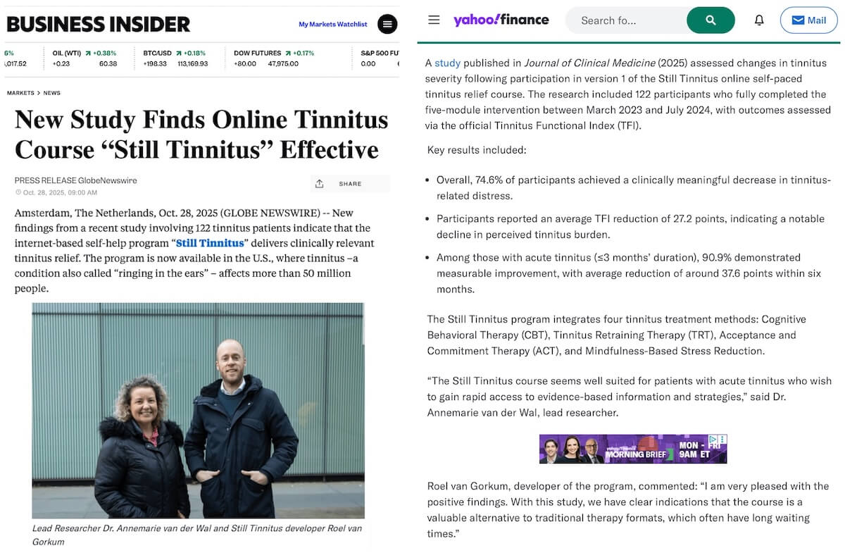 Screenshot of a Yahoo Finance / Business Insider feature showing the Still Tinnitus online course mentioned in a news article about independent research on evidence-based tinnitus treatment and its impact on symptom reduction.
